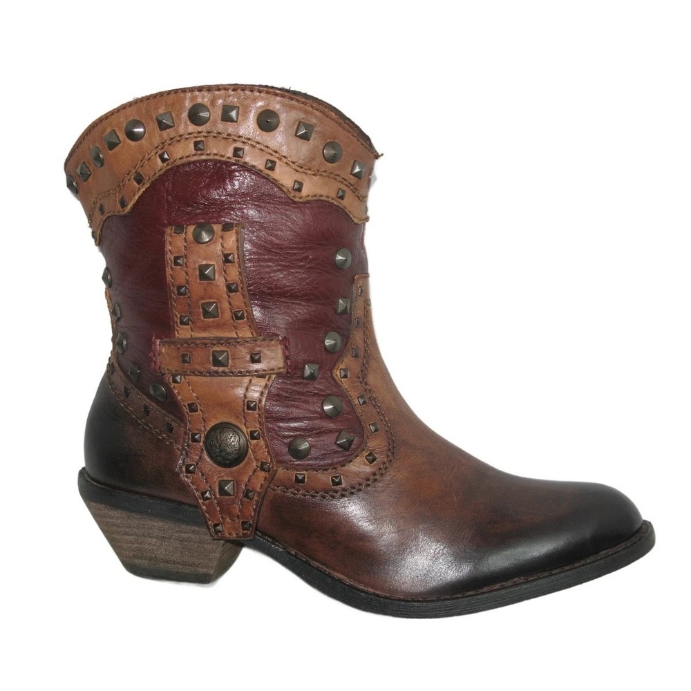 Vince Camuto Madalissa‎  Brown Burgundy Studded Cowboy Ankle Boot Sz 6.5